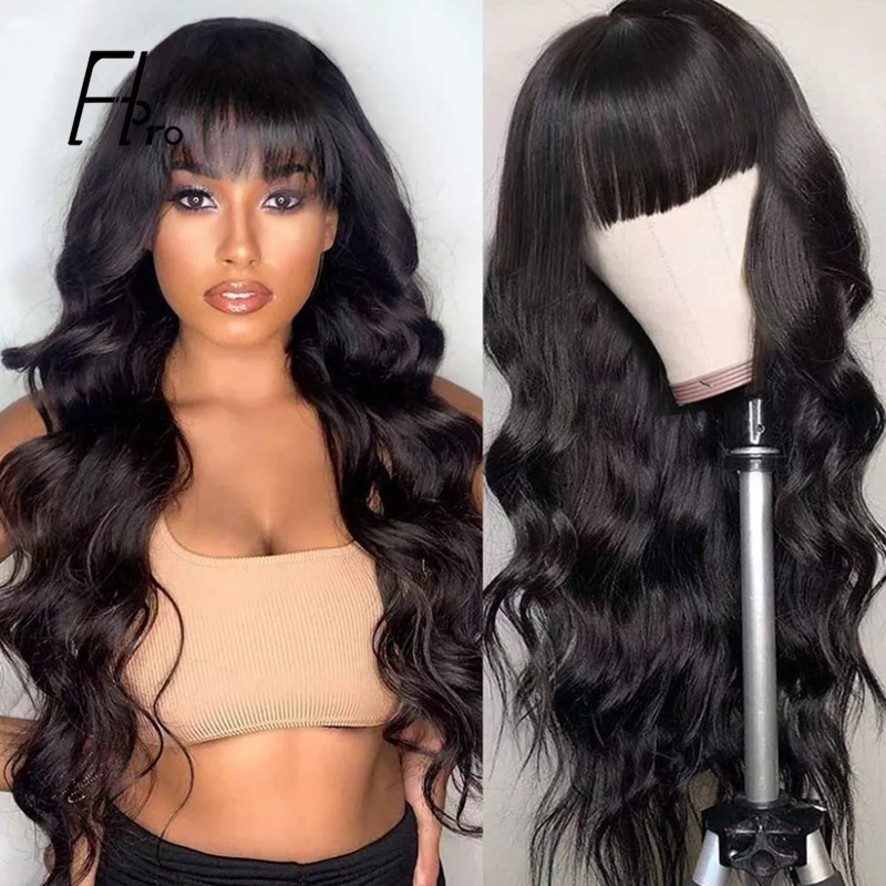 Body Wave 13x4 Lace Frontal Wig With Bangs Glueless Virgin Hair Wigs 180% Density